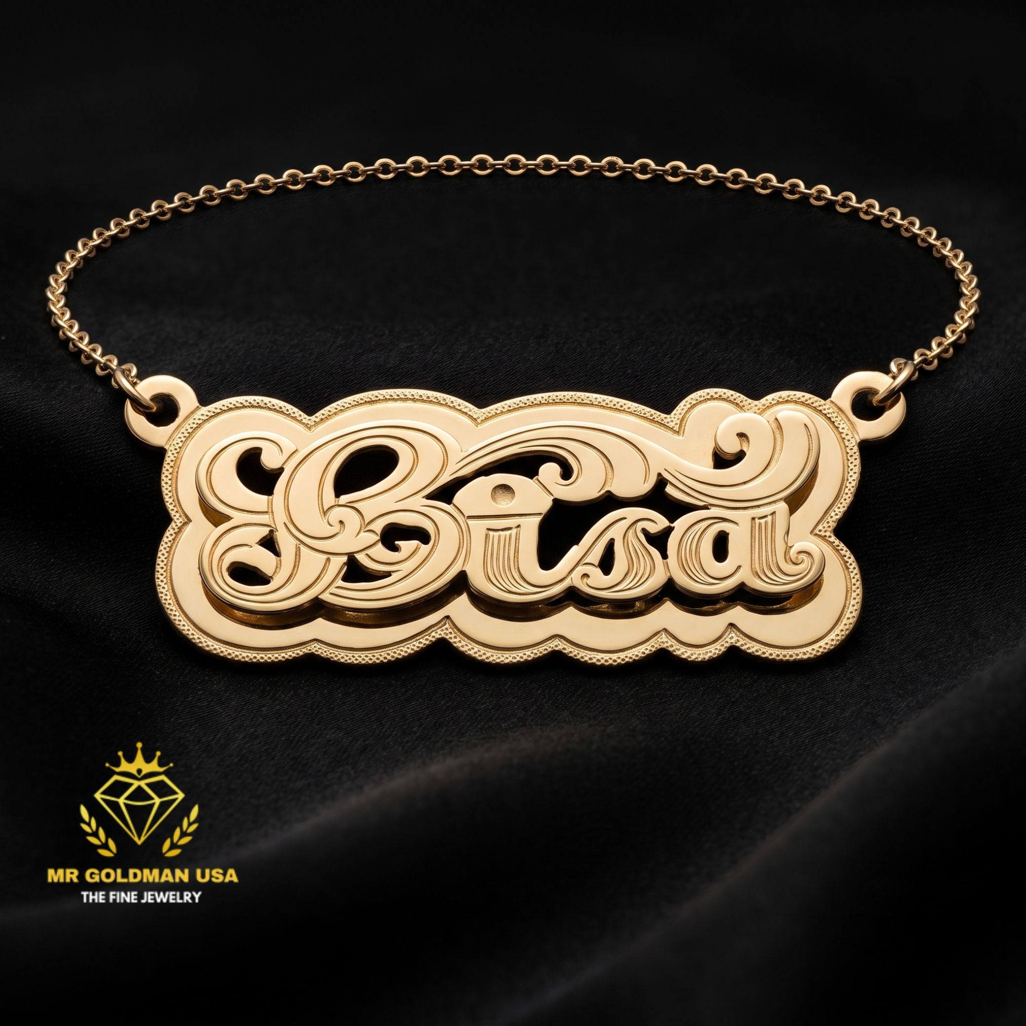 Personalized 10K Gold Shadow-Background Nameplate with Chain – Style 5053