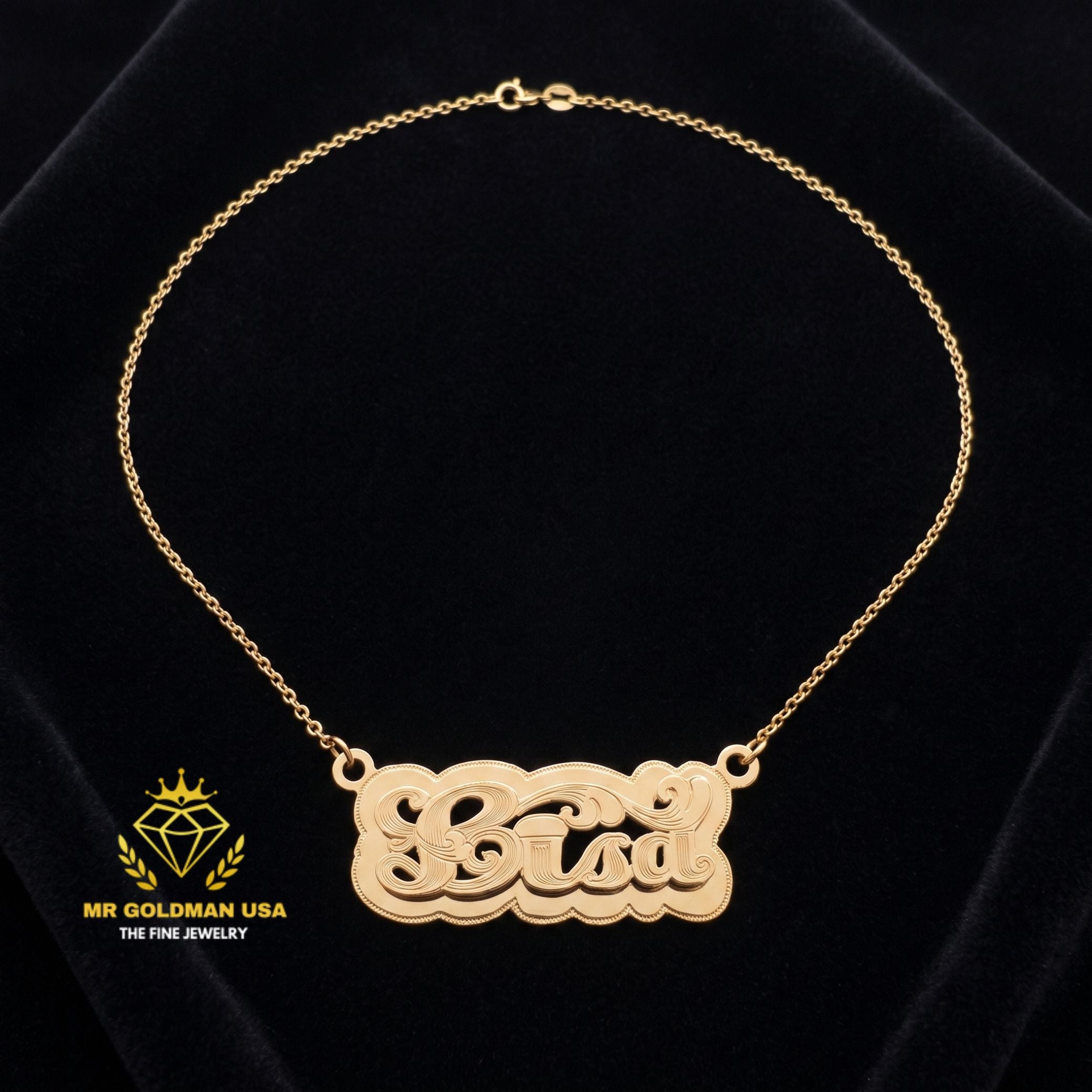 Personalized 10K Gold Shadow-Background Nameplate with Chain – Style 5053