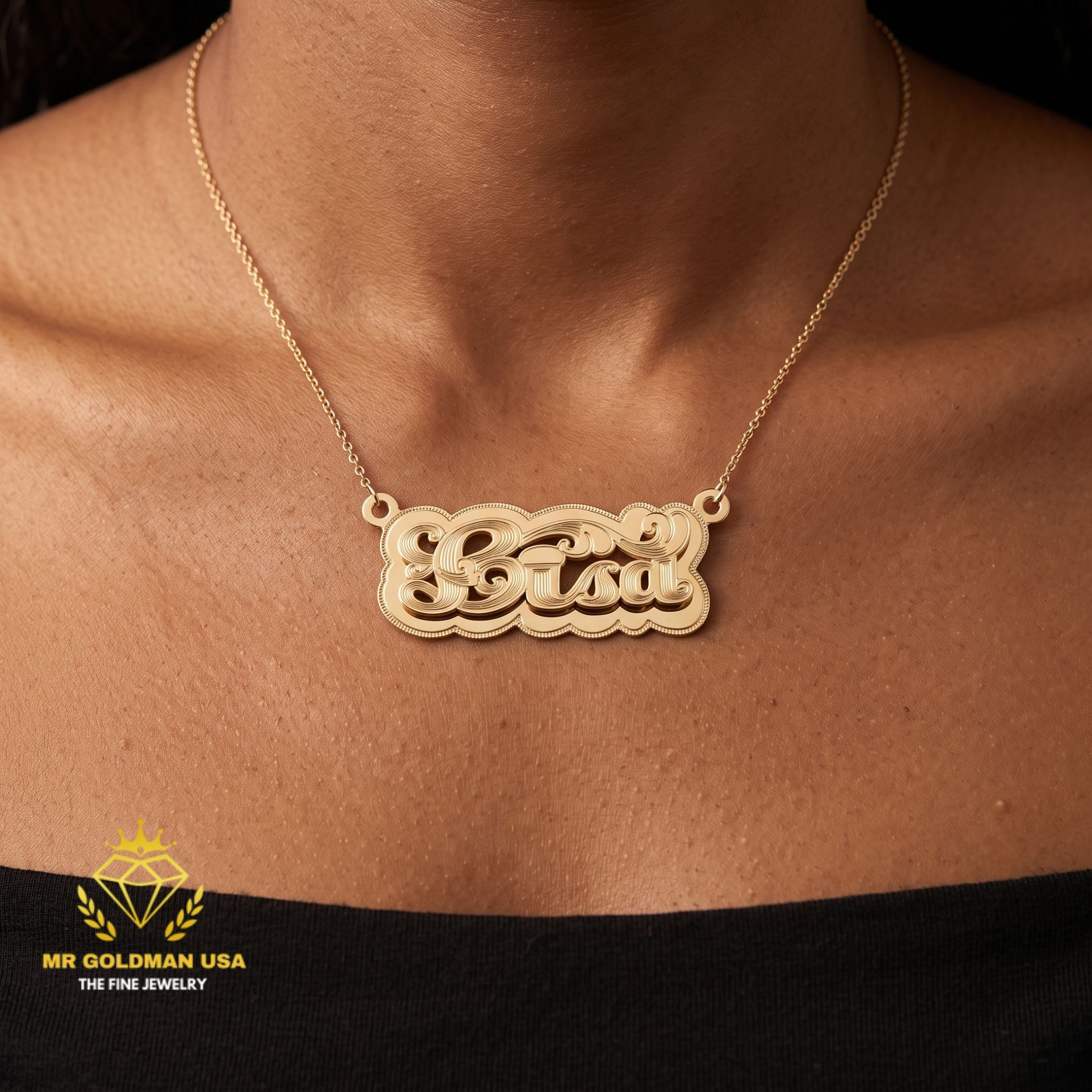 Personalized 10K Gold Shadow-Background Nameplate with Chain – Style 5053