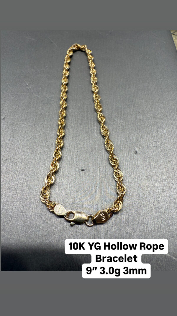 10K YG Hollow Rope Bracelet 9" 3.0g 3mm