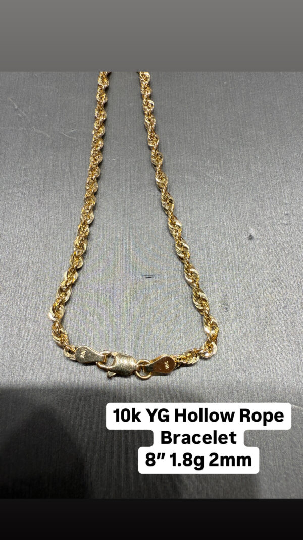 10K YG Hollow Rope Bracelet 8" 1.8g 2mm