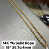 14K YG Solid Rope 18" 26.7g 4mm